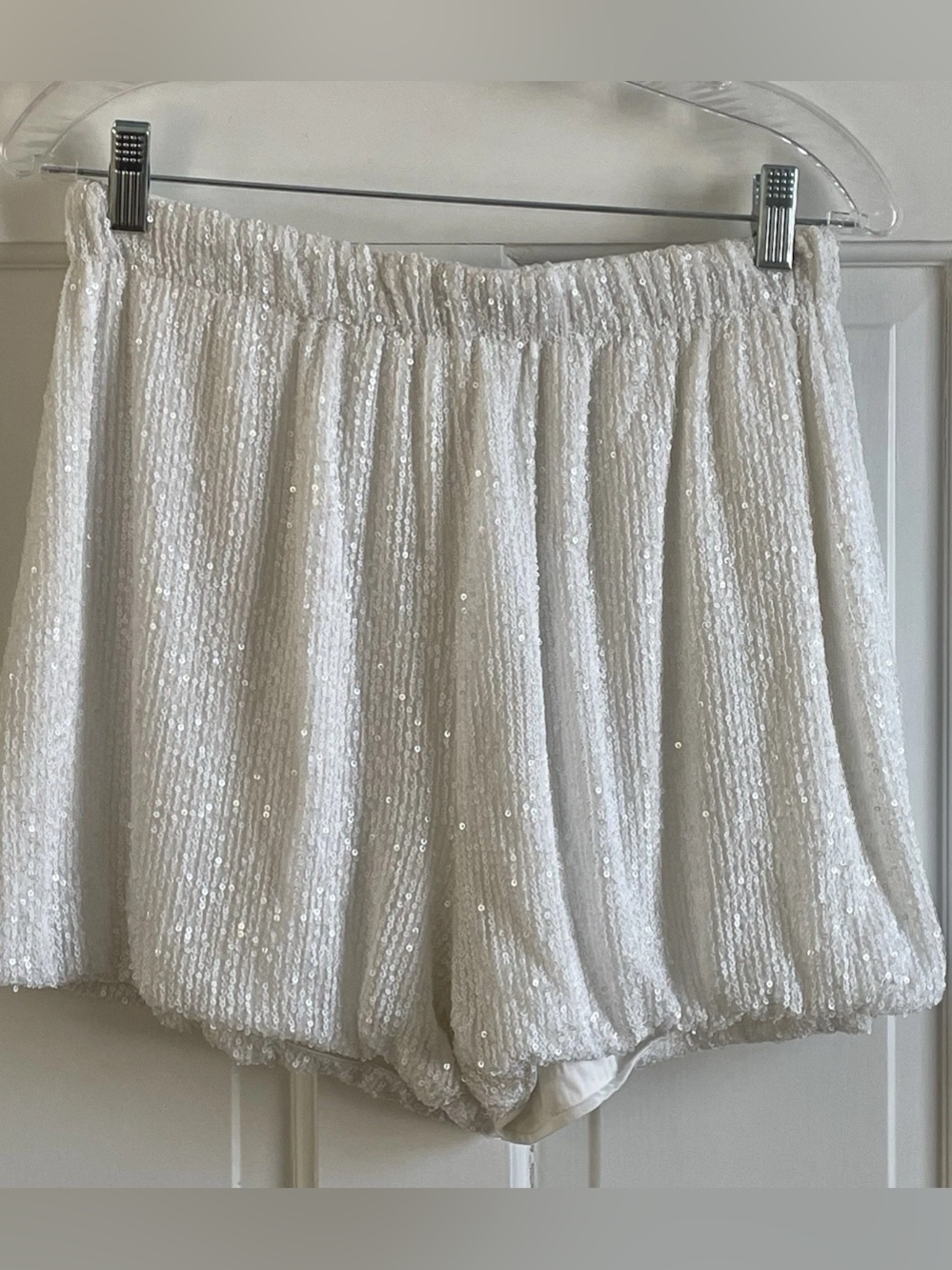 White Sequined Glitter Size M Booty Shorts. Performance Disco Clubwear Hot Pants